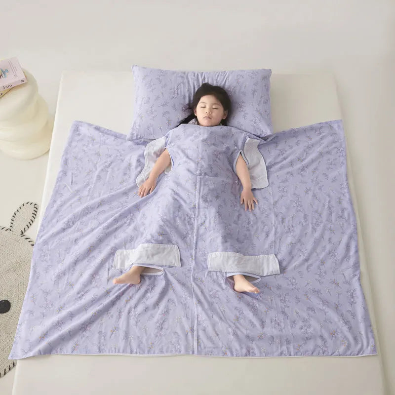 Anti-kick summer blanket in a themed colour like Cloud Bear Star Dream, shown with a matching pillowcase.