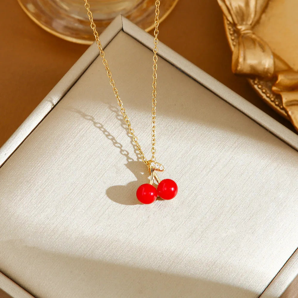 Titanium steel women's necklace with cherry, strawberry and pepper charms on O-ring chain