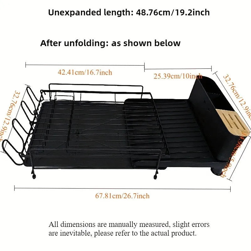 Retractable carbon steel kitchen dish drain rack for cutlery and cups on a countertop