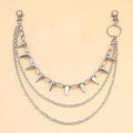 Silver metal pants chain with double layer design and punk rivet ornaments on dark background