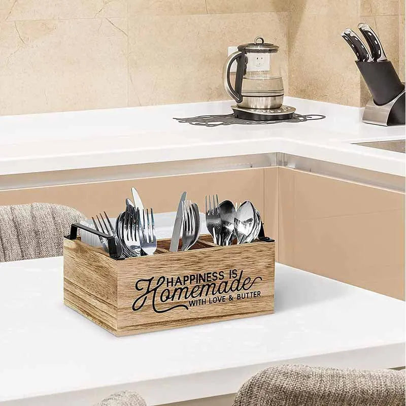 Wooden kitchen storage box with removable grid dividers for organising tableware