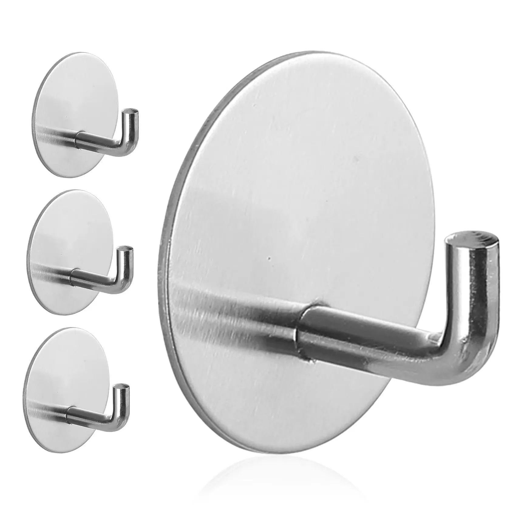 Two stainless steel self-adhesive wall hooks, one black and one polished, on a white background.