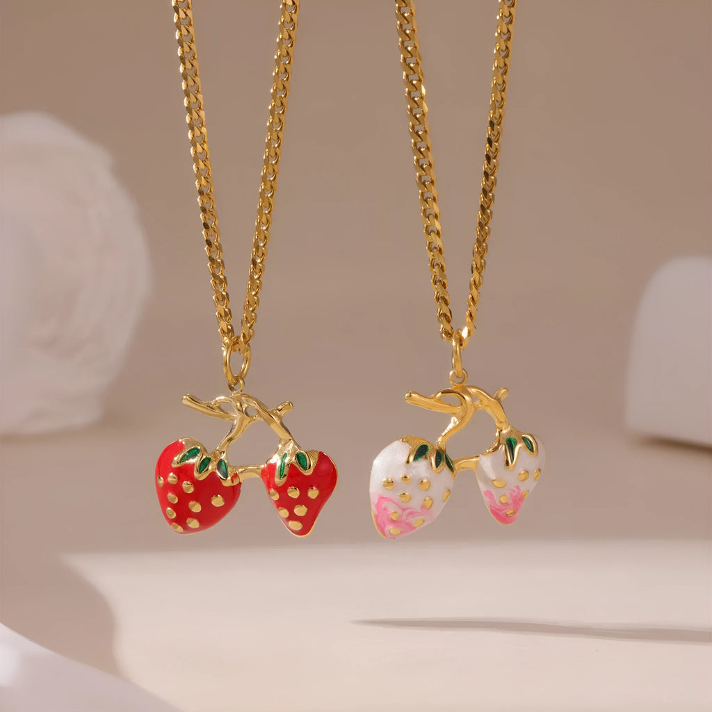 Stainless steel strawberry pendant necklace with red and white gradient colour finish.