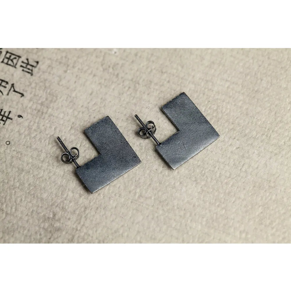 Square sterling silver earrings with oxidised black finish, geometric design