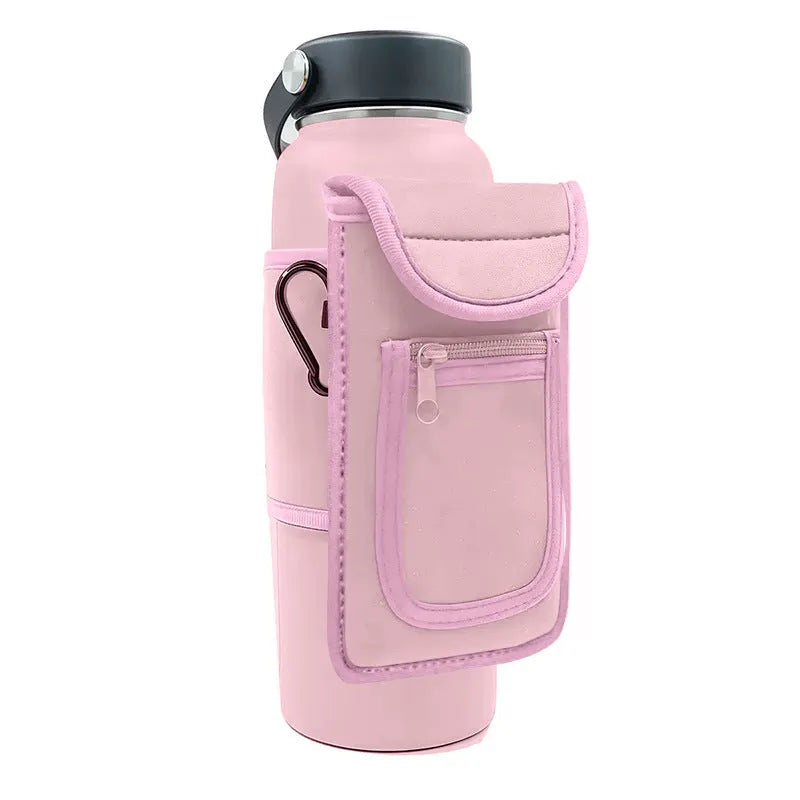 Fabric kettle cup sleeve with magnetic or carabiner attachment for outdoor sports bottles