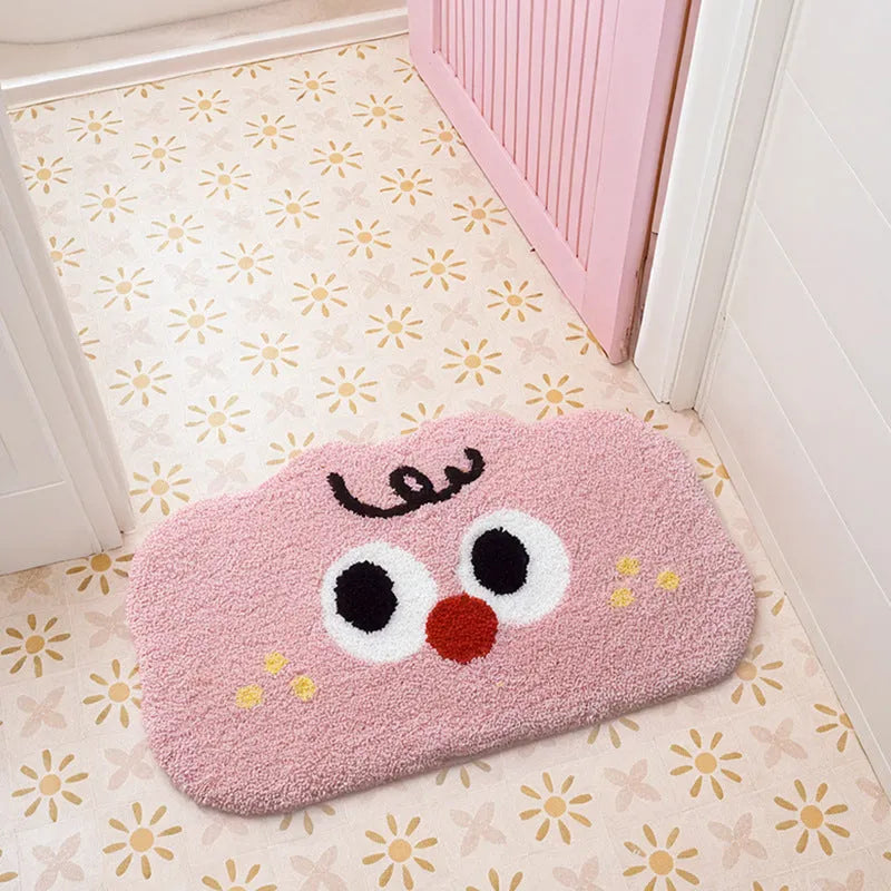 Thickened cashmere-like bathroom mat with cartoon cloud pattern in green, black, white, pink, and blue colours