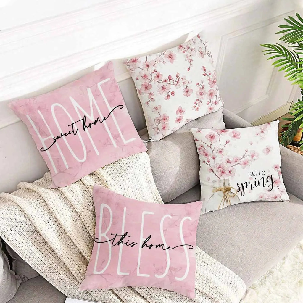 Square cherry blossom letter cushion cover with short velvet fabric in spring colour options