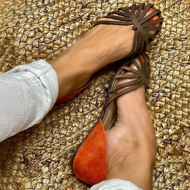 Women's dark brown casual sandals with a square buckle, ankle strap, and herringbone toe.