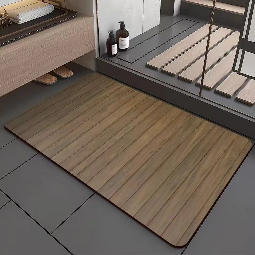 American-style square bath mat with wood grain pattern on a bathroom floor.