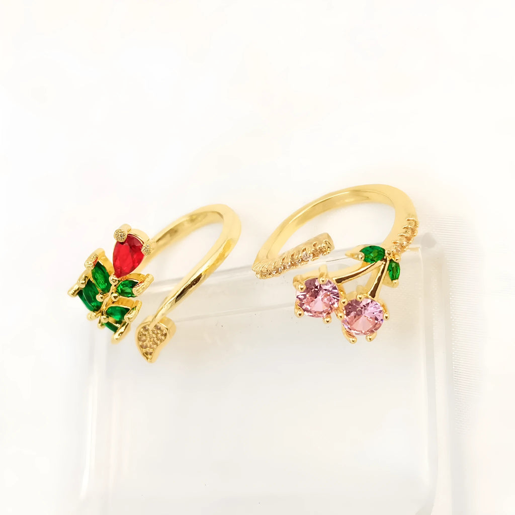 Copper open mouth ring with micro inlaid leaf geometric pattern and gold plating