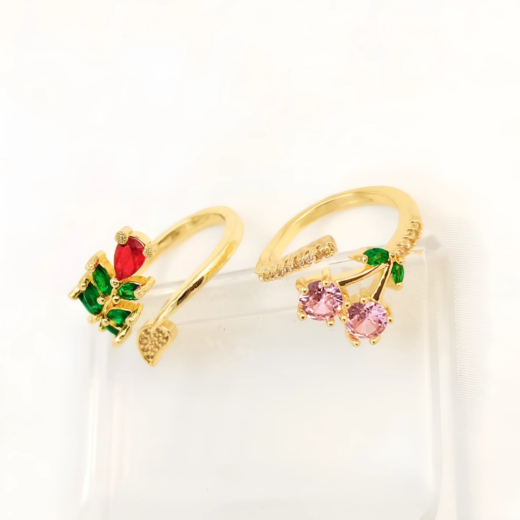 Copper open mouth ring with micro inlaid leaf geometric pattern and gold plating
