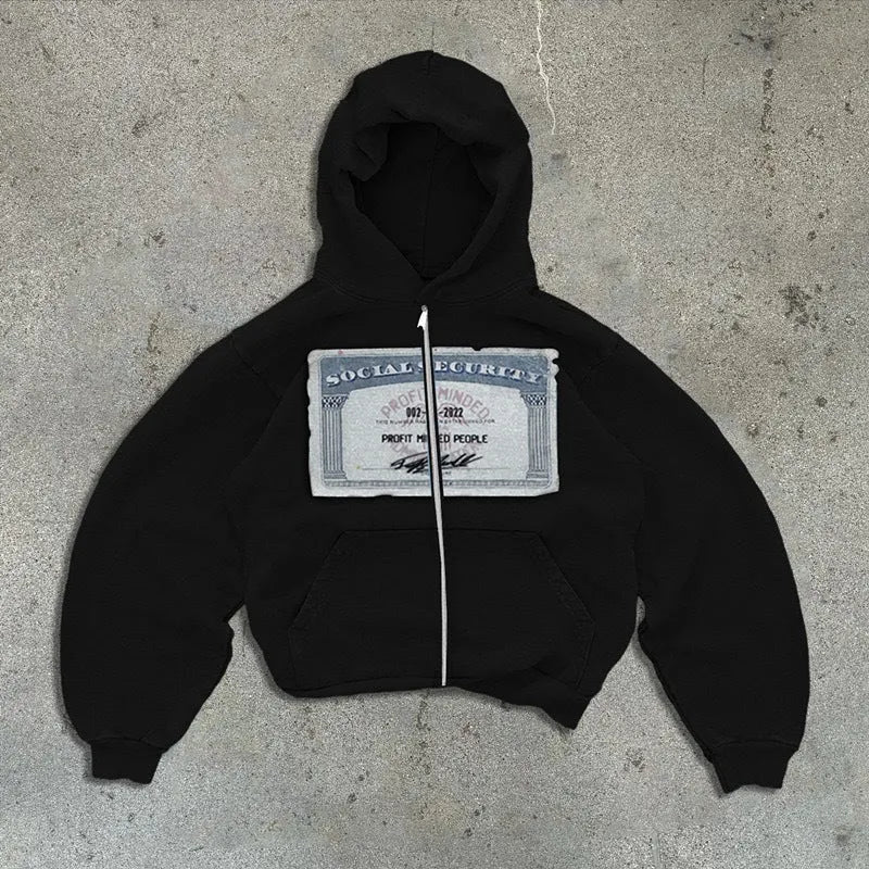 Unisex black hoodie zipper jacket with white letter print and kangaroo pockets, modelled in a loose fit.