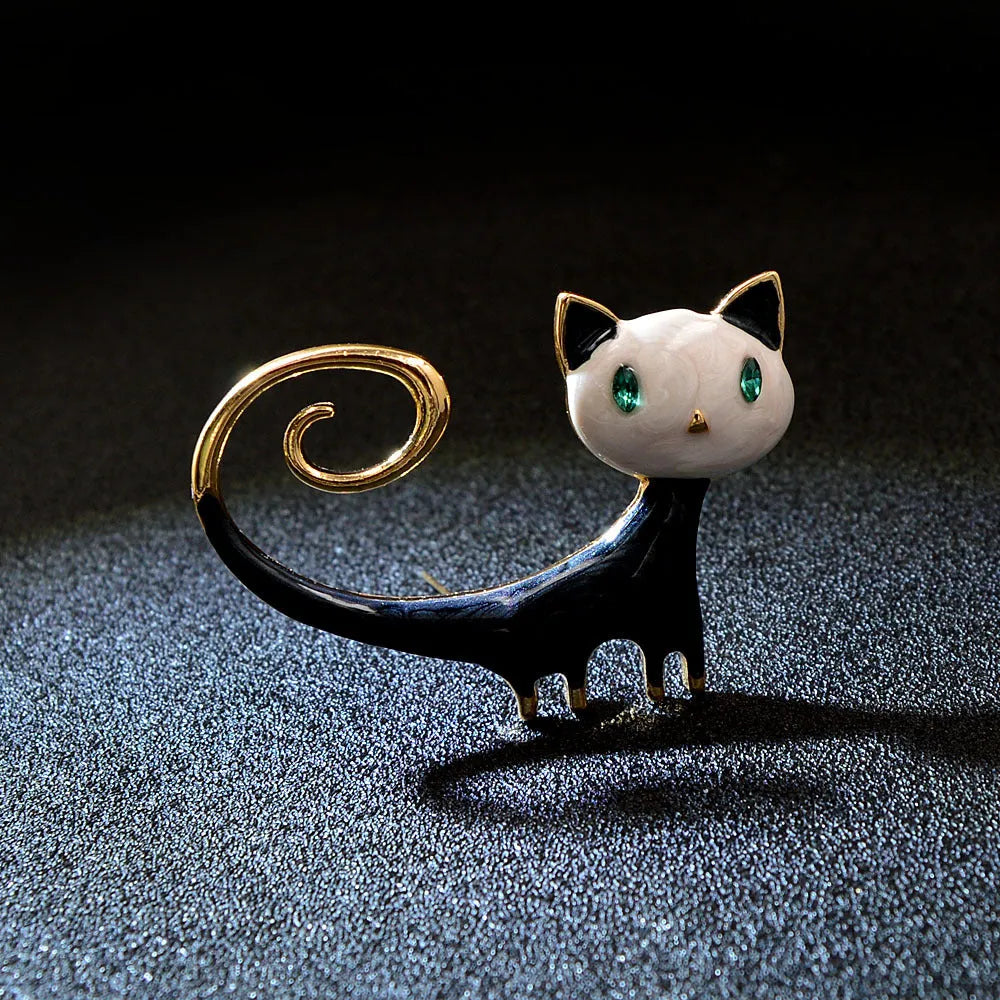 Alloy cat brooch with personalised painted tailing up kitty design in white or orange colour