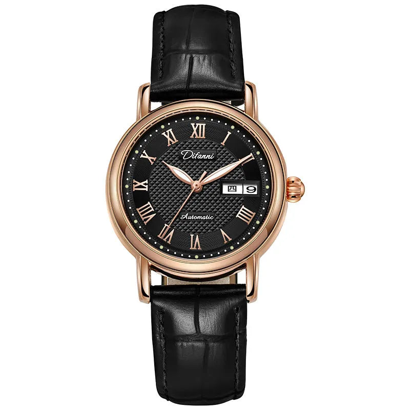 Women's automatic mechanical watch with 12mm thickness showing steel bracelet and leather strap options