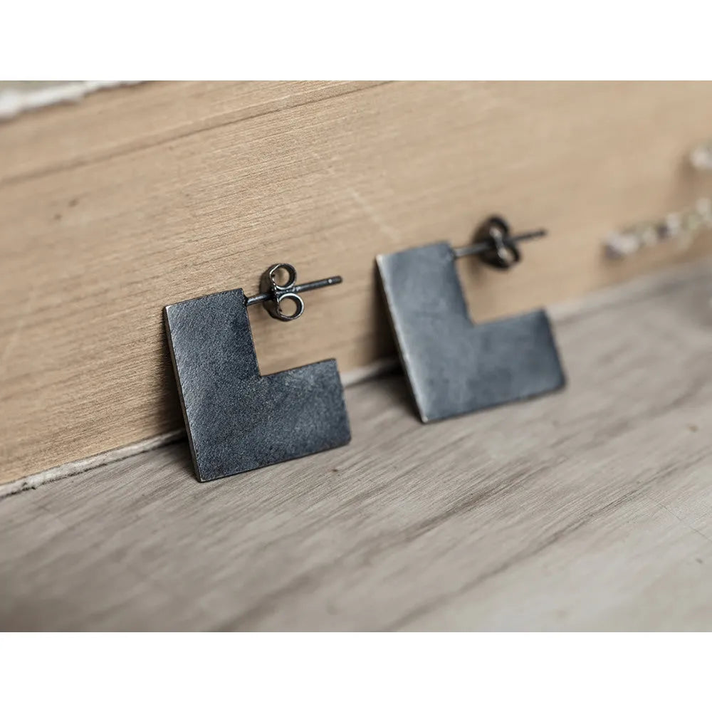 Square sterling silver earrings with oxidised black finish, geometric design