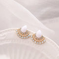 Women's sterling silver fan-shaped geometric earrings with rhinestone and opal decorative detailing