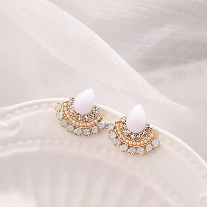 Women's sterling silver fan-shaped geometric earrings with rhinestone and opal decorative detailing