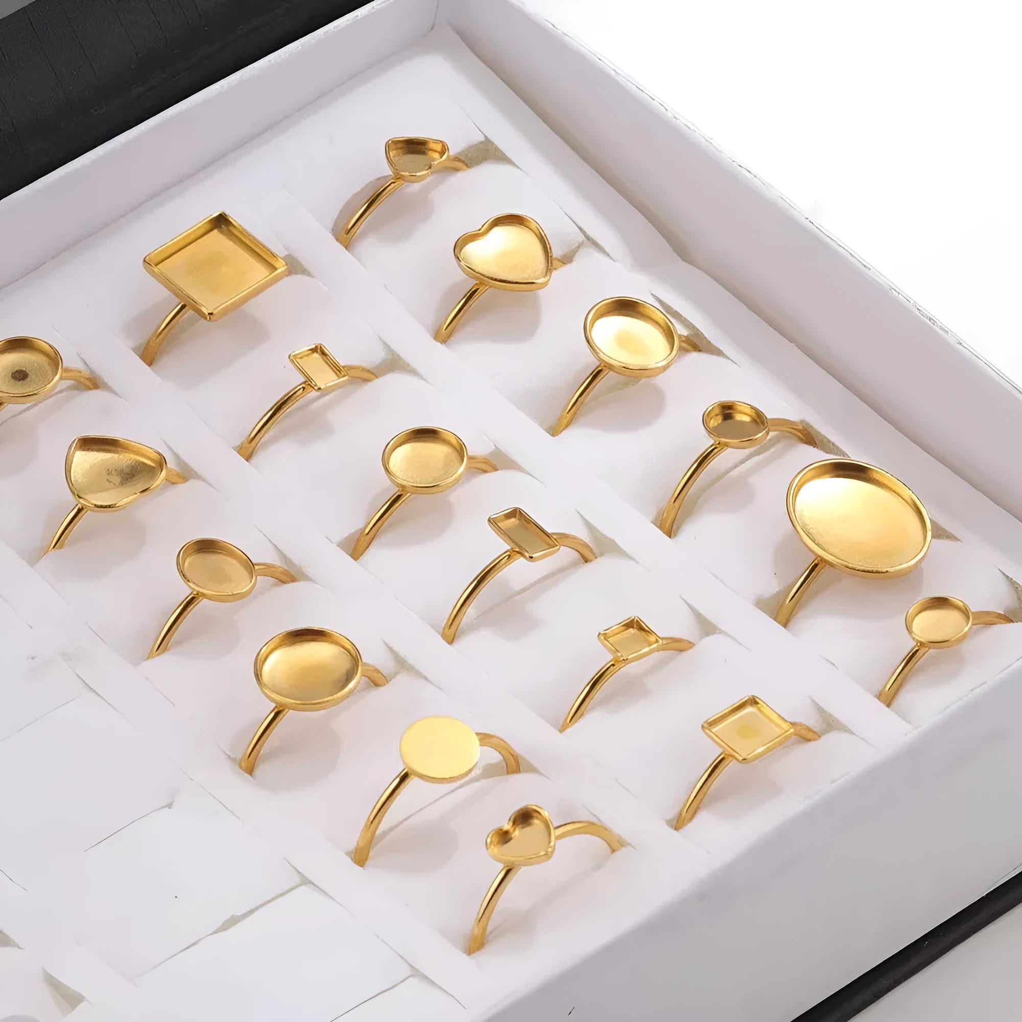 Golden electroplated stainless steel ring holder with multiple shape settings for jewellery display
