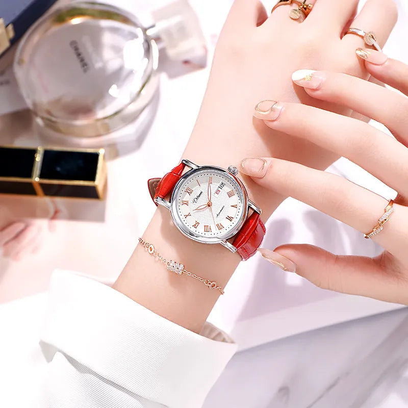 Women's automatic mechanical watch with 12mm thickness showing steel bracelet and leather strap options