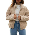 Apricot women's corduroy zip jacket with a stand collar and long sleeves.