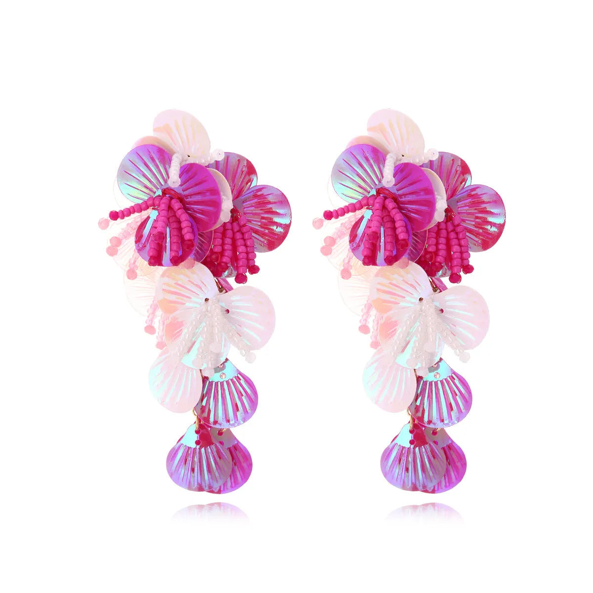Handmade colourful string bead flower earrings with exaggerated floral leaf design in dopamine style.