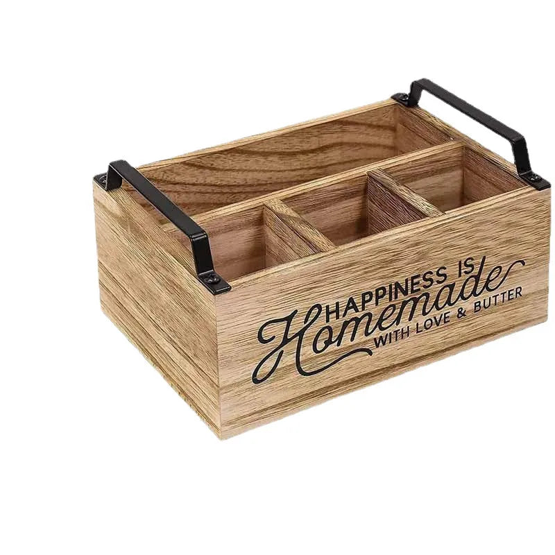Wooden kitchen storage box with removable grid dividers for organising tableware