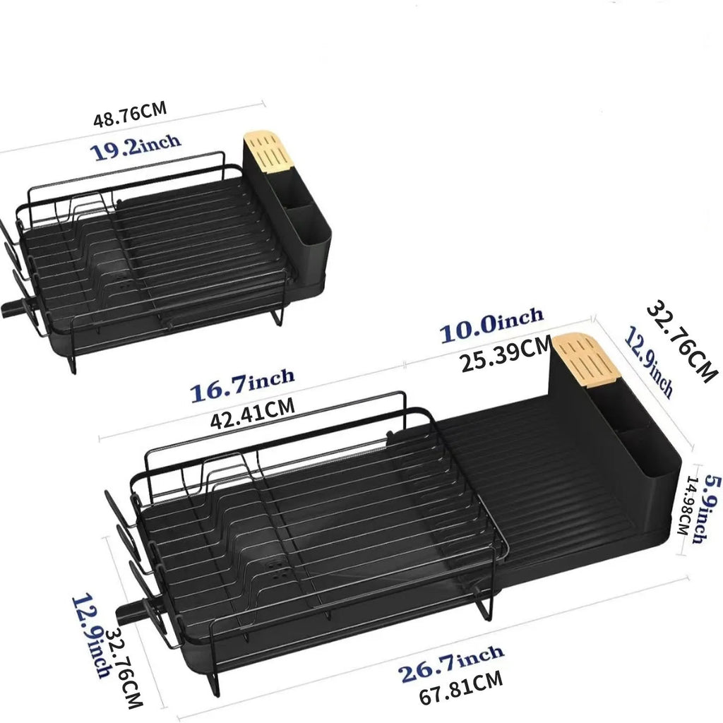 Retractable carbon steel kitchen dish drain rack for cutlery and cups on a countertop