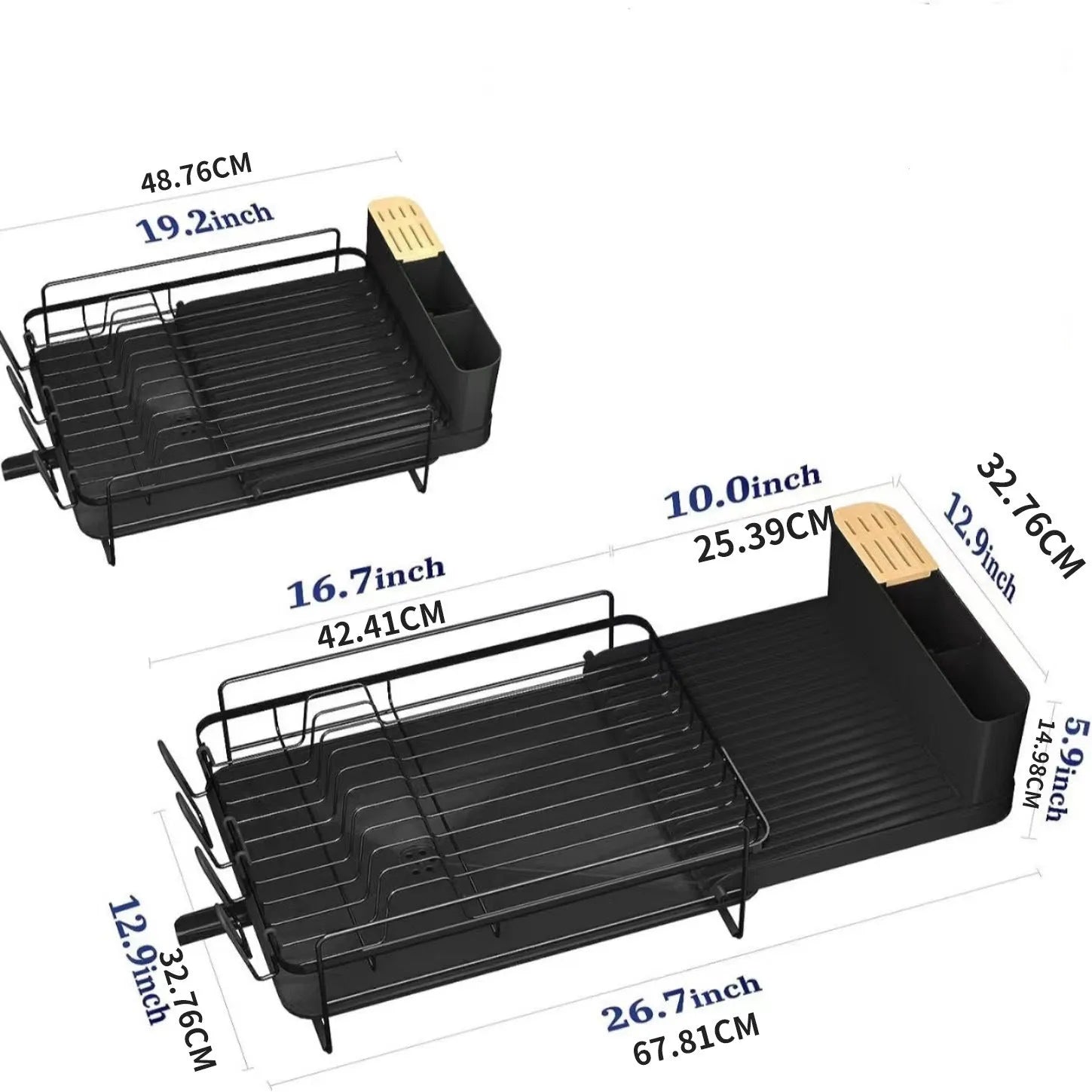 Retractable carbon steel kitchen dish drain rack for cutlery and cups on a countertop