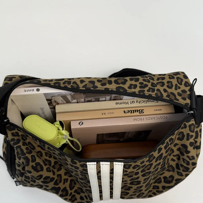 Leopard print cross-body messenger bag with sports style design and large capacity