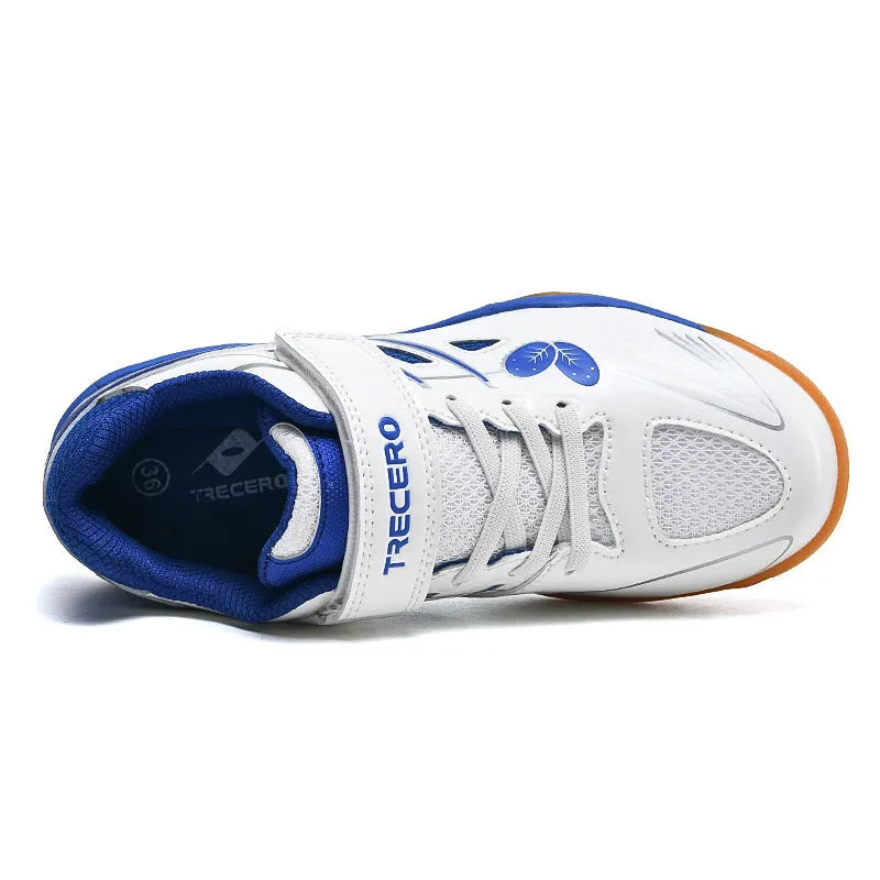 Breathable badminton shoes with PVC upper and ribbed sole in white and blue colour option