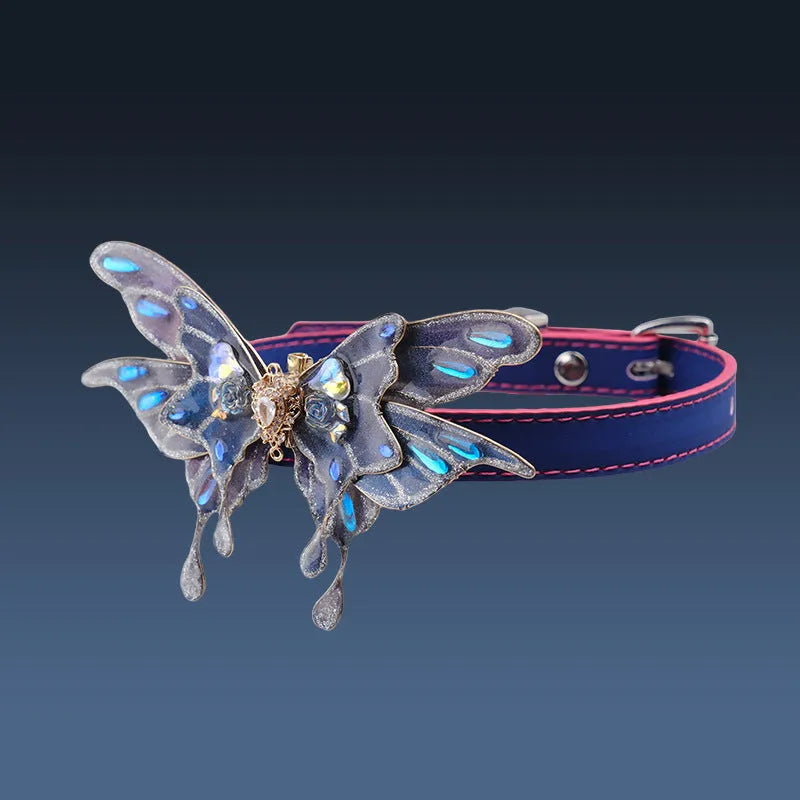Temperature change purple butterfly rhinestone collar necklace with colour-changing pendant on regular chain