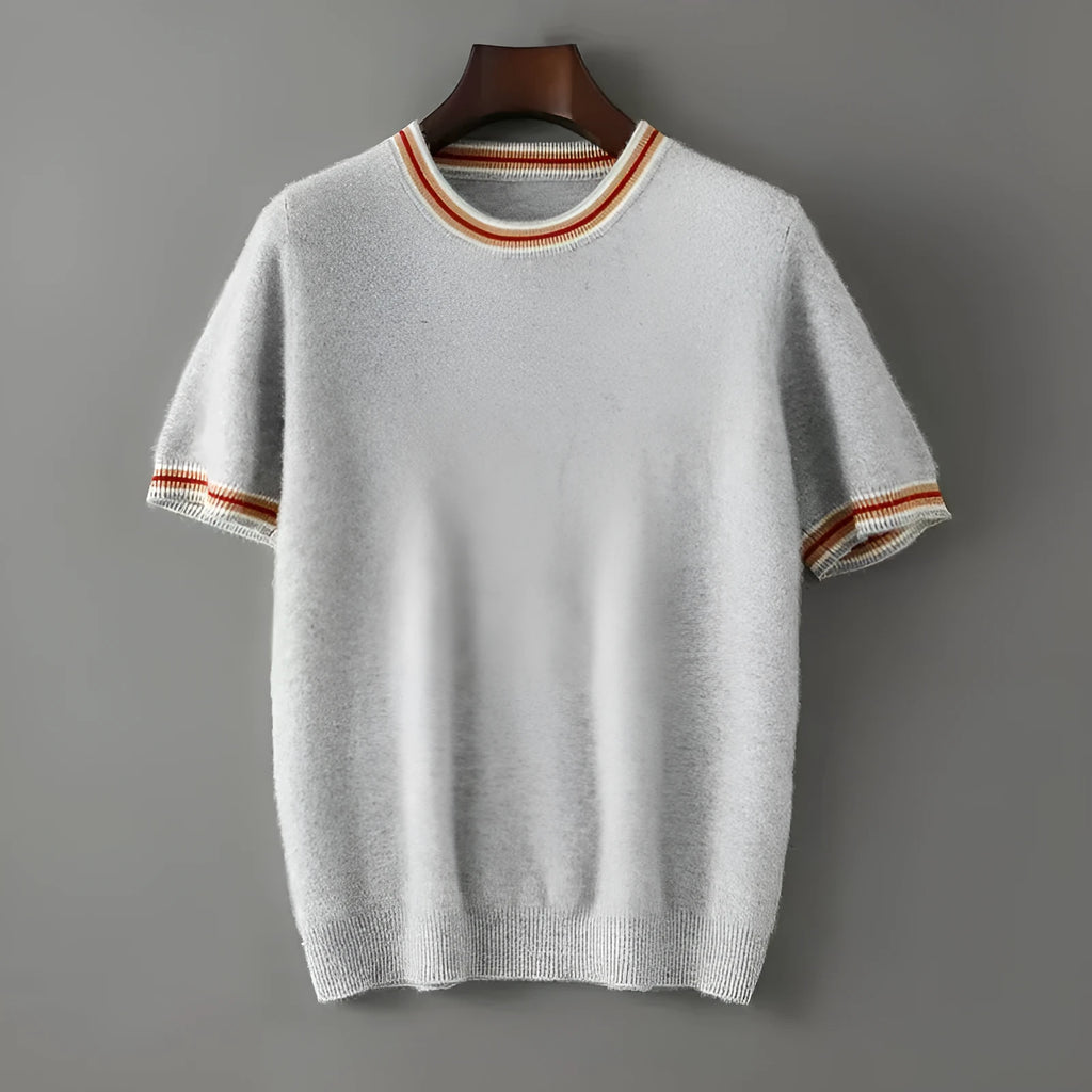 Men's short sleeve pure wool round neck sweater in black, grey, or white.