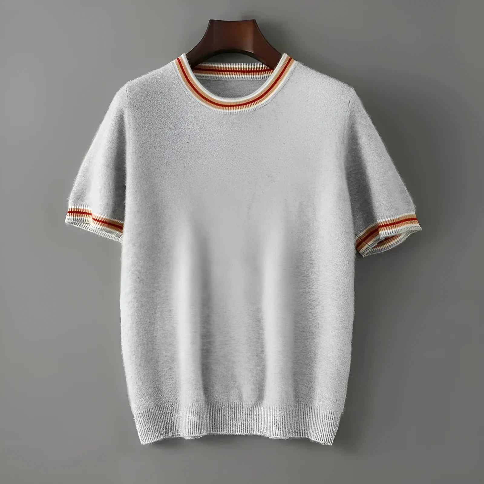 Men's short sleeve pure wool round neck sweater in black, grey, or white.