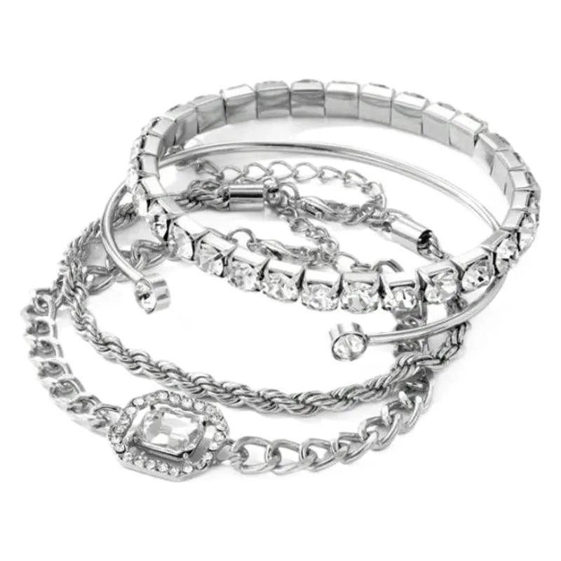 Four-piece retro metal chain bracelet set with square diamond geometric design in gold or silver tone alloy for women.