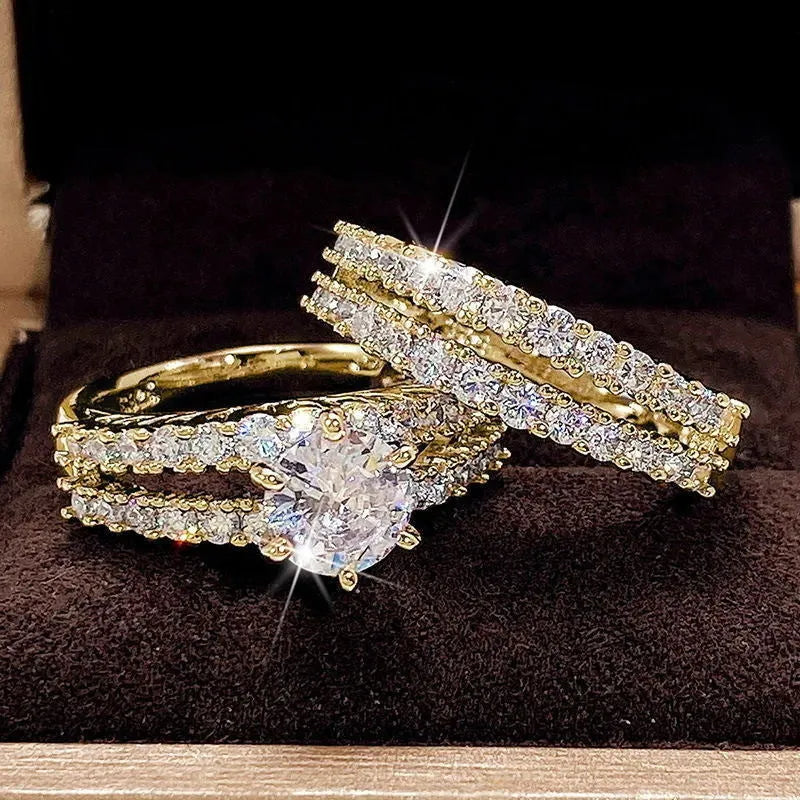 Women's 2-in-1 fully jewelled ring set in geometric round design with diamond treatment on alloy