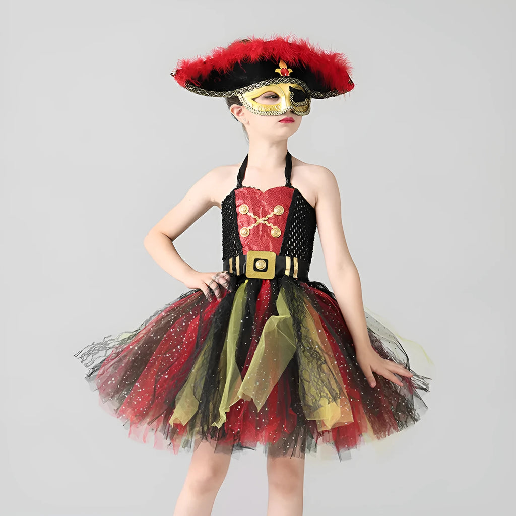 Girls pirate costume dress with sequin trim and gauze panels in sleeveless design for Halloween events