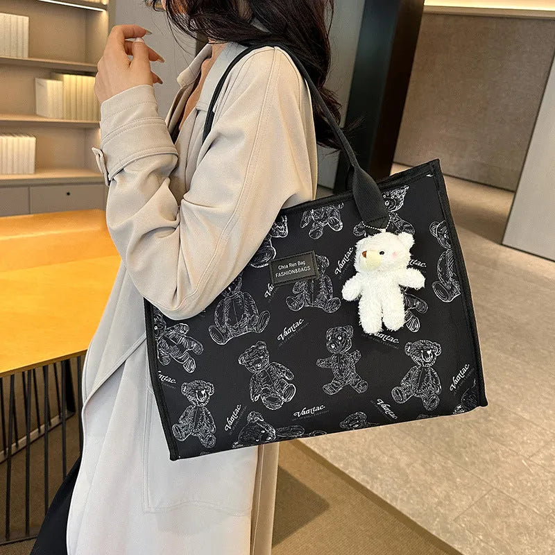 Women's large capacity canvas tote bag with rhombus pattern in black colour option