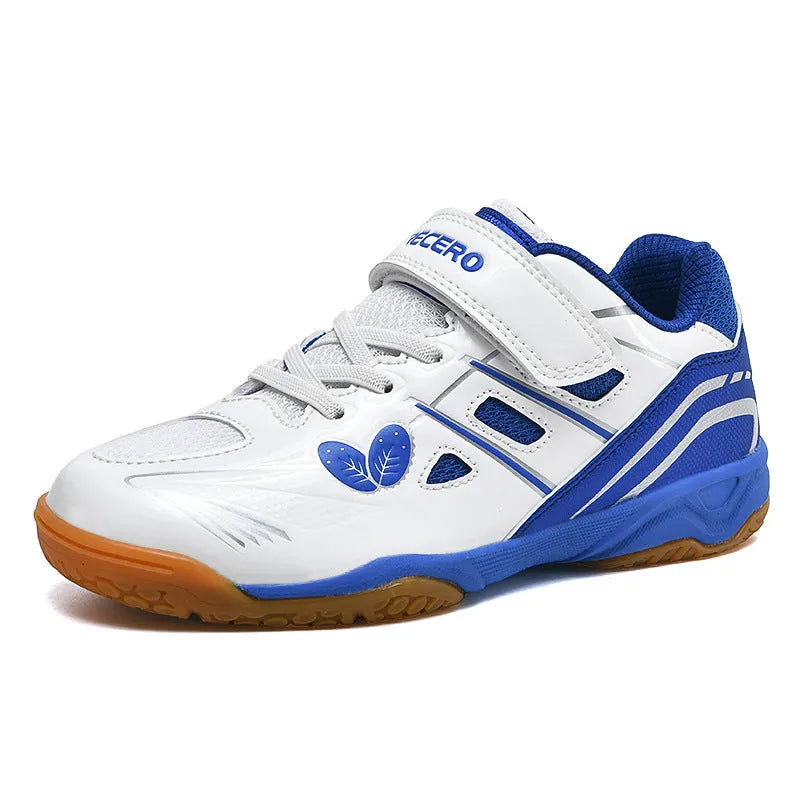 Breathable badminton shoes with PVC upper and ribbed sole in white and blue colour option