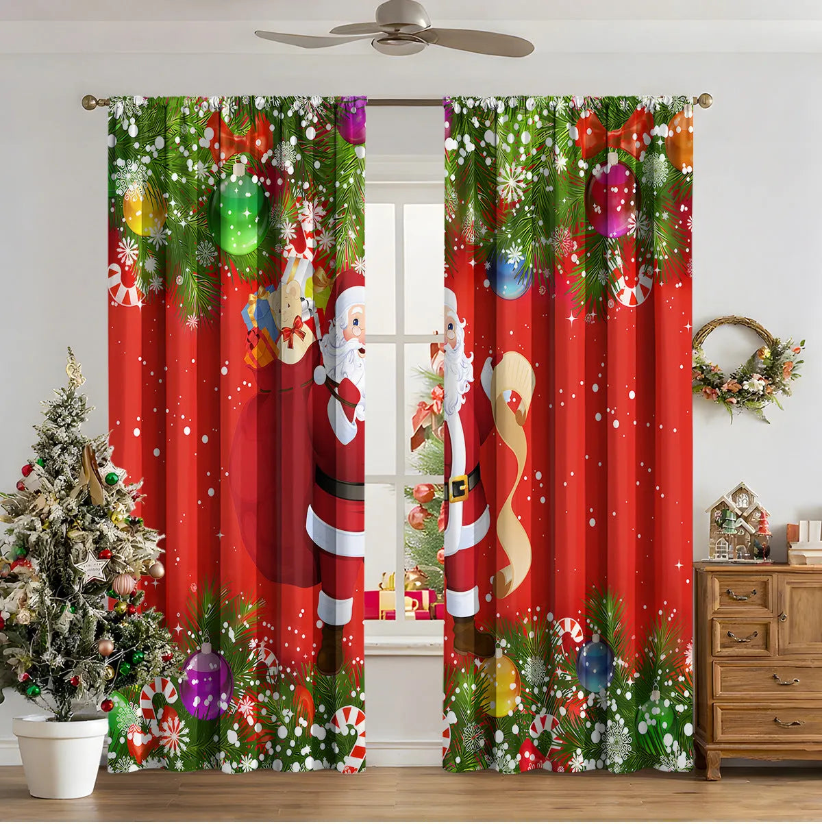 3D digital printed Christmas curtains in polyester fabric with festive patterns