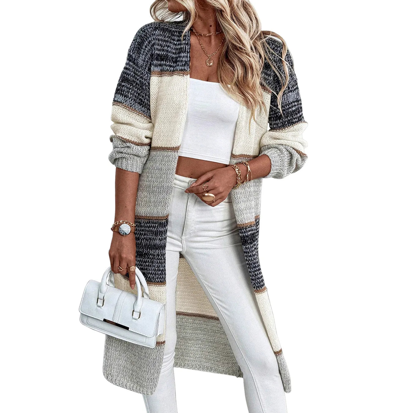 Grey striped women's knitted cardigan with long sleeves and loose fit