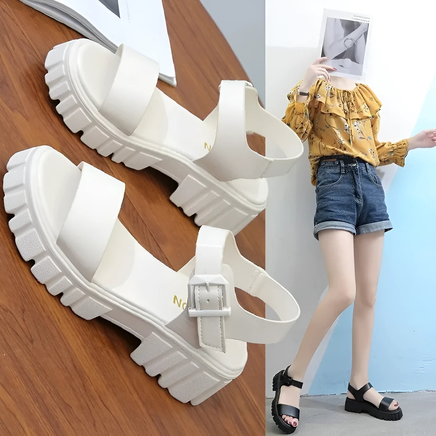 Beige women's platform sandals with peep toe and ankle strap buckle on a white background.