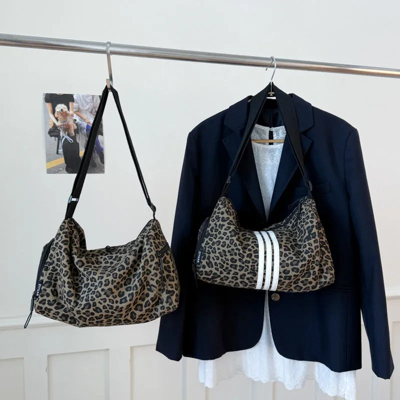 Leopard print cross-body messenger bag with sports style design and large capacity
