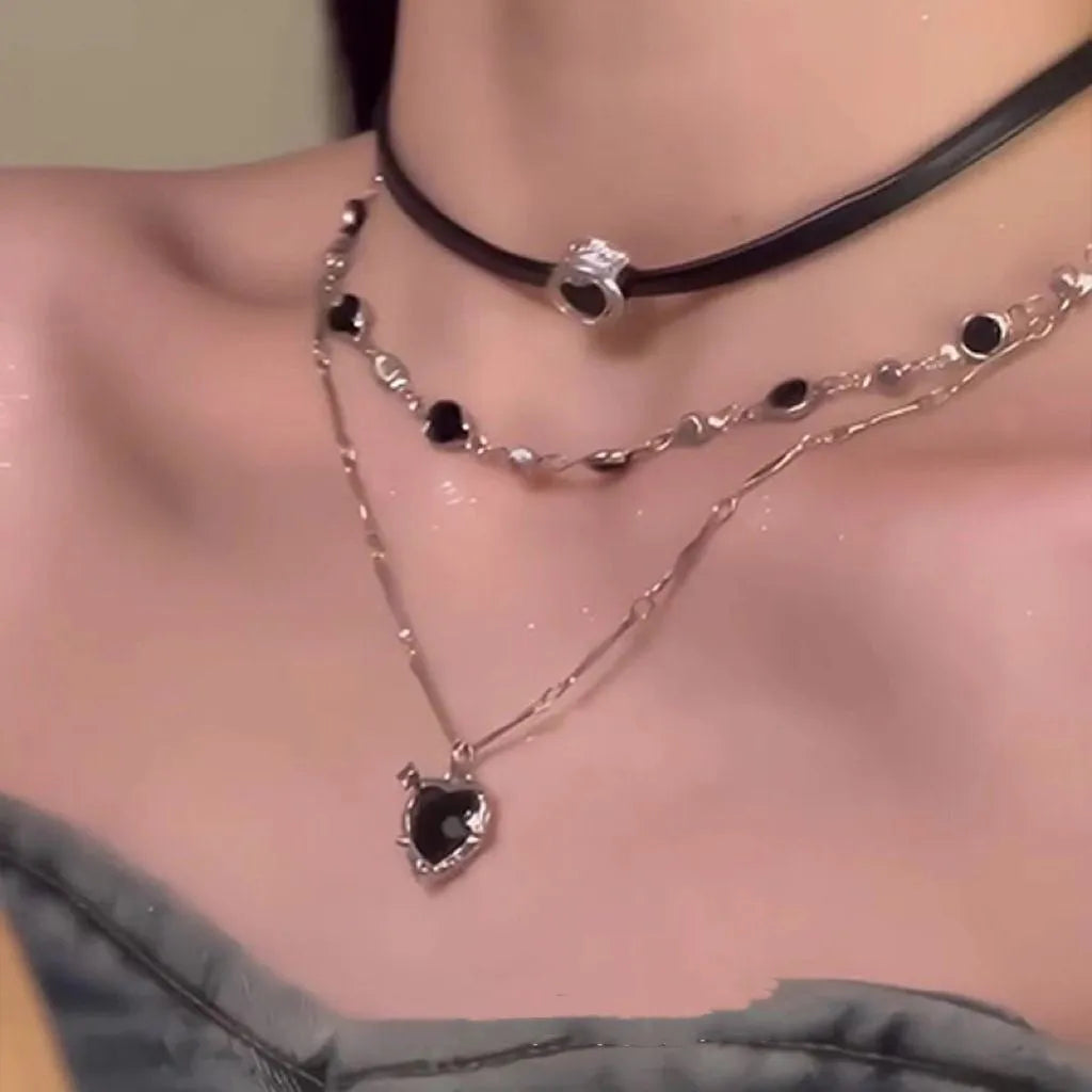 Women's multi-layer twin necklace set with heart pendants on adjustable clavicle chain