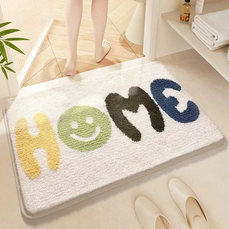 Sky Sea colour Rainbow print imitation cashmere floor mat with plastic anti-slip bottom, shown in square format.