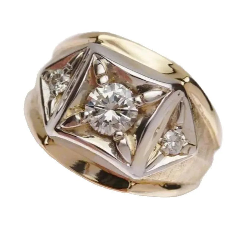 Geometric hollow couple ring in gold-coloured copper with square pattern, shown on finger.