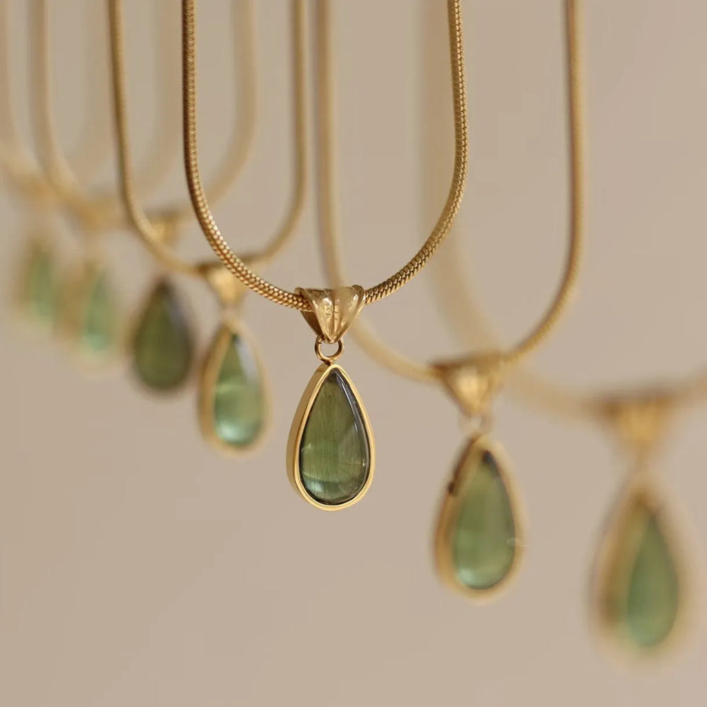 Retro blue and green water drop necklace with mixed gemstone inlays on titanium steel snake bone chain