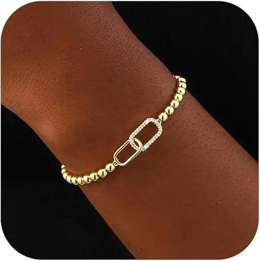 Women's adjustable stainless steel beaded bracelet in a geometric design with round accents.