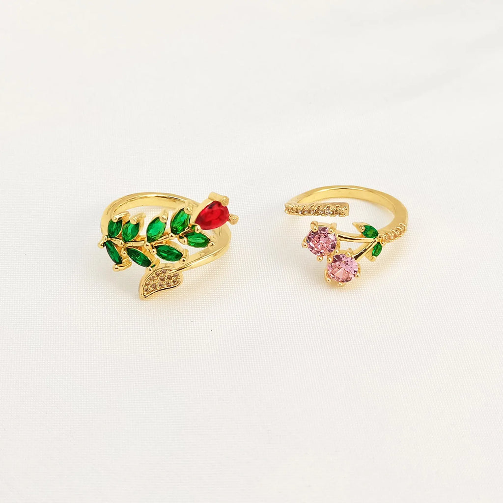 Copper open mouth ring with micro inlaid leaf geometric pattern and gold plating