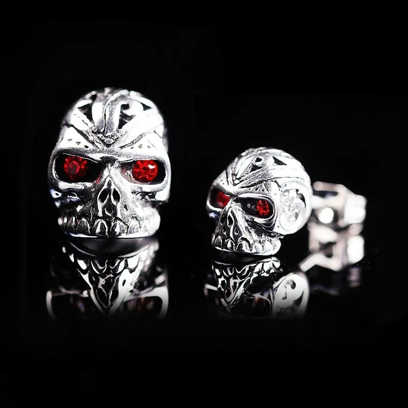 Retro skull stud earrings with red eye detailing and alloy artificial gemstone inlay