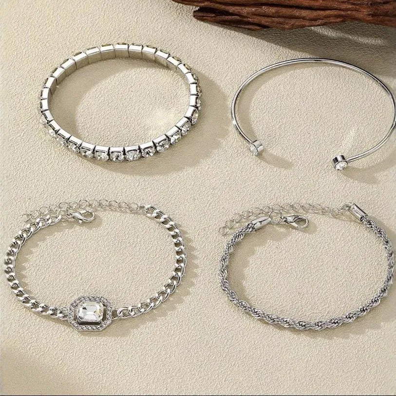 Four-piece retro metal chain bracelet set with square diamond geometric design in gold or silver tone alloy for women.
